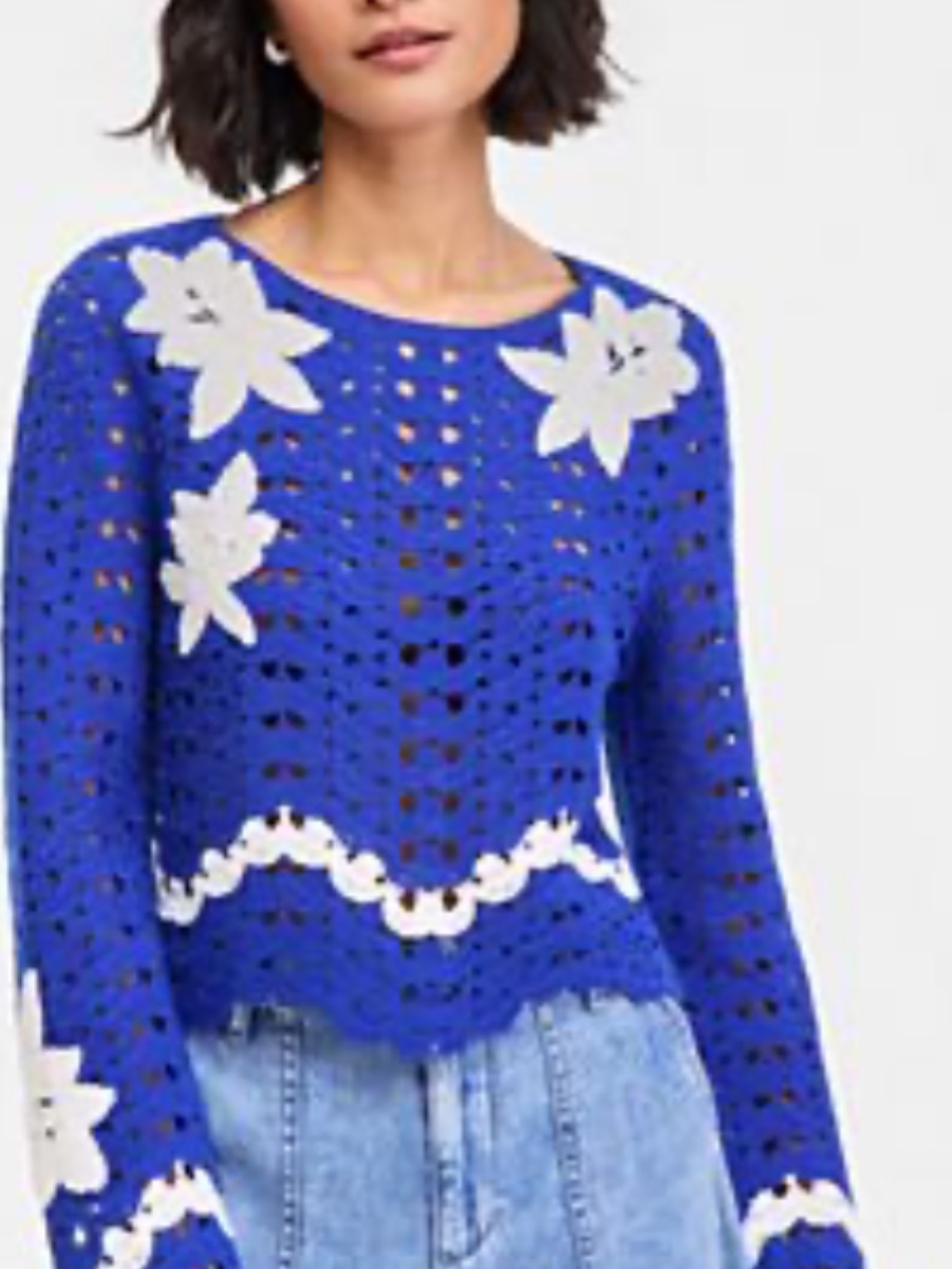 New On+ 34 Th Unbranded Royal Blue Crochet Crewneck Sweater Size S